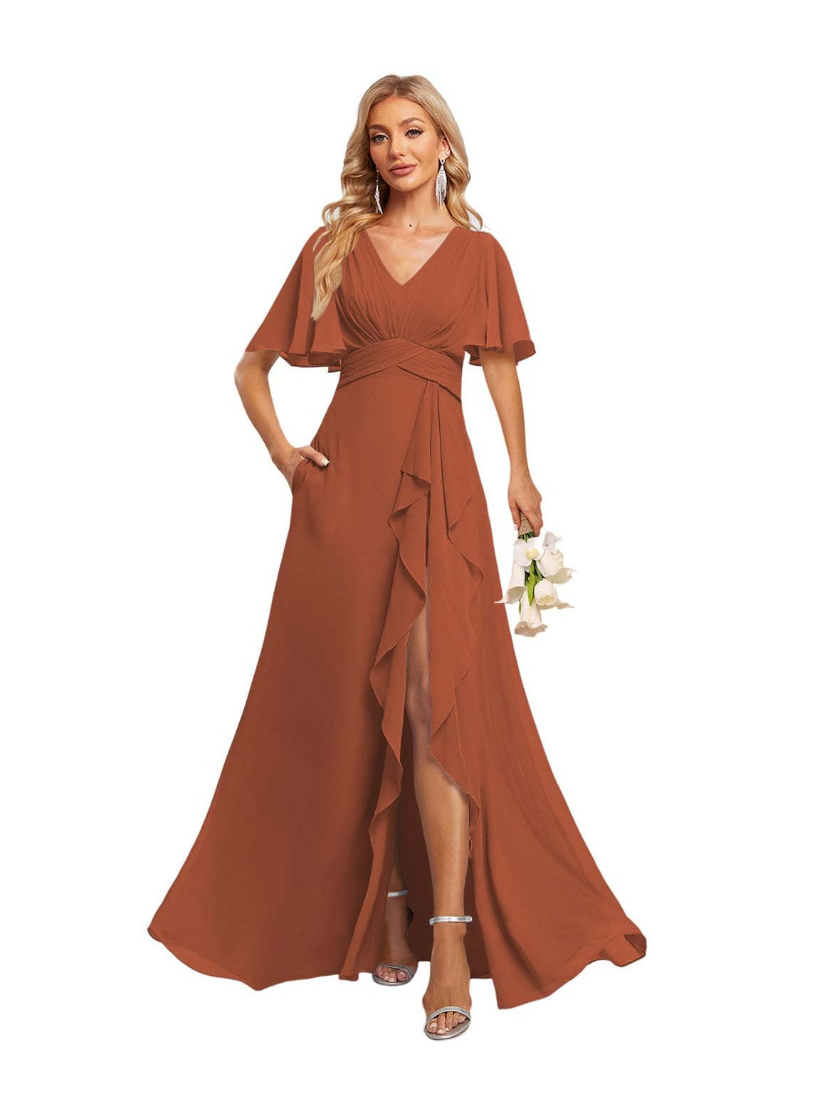 V-Neck A-Line Princess Floor-Length Chiffon Bridesmaid Dresses With Short Sleeves