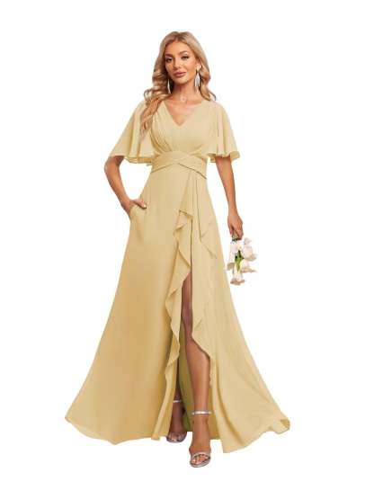 V-Neck A-Line Princess Floor-Length Chiffon Bridesmaid Dresses With Short Sleeves