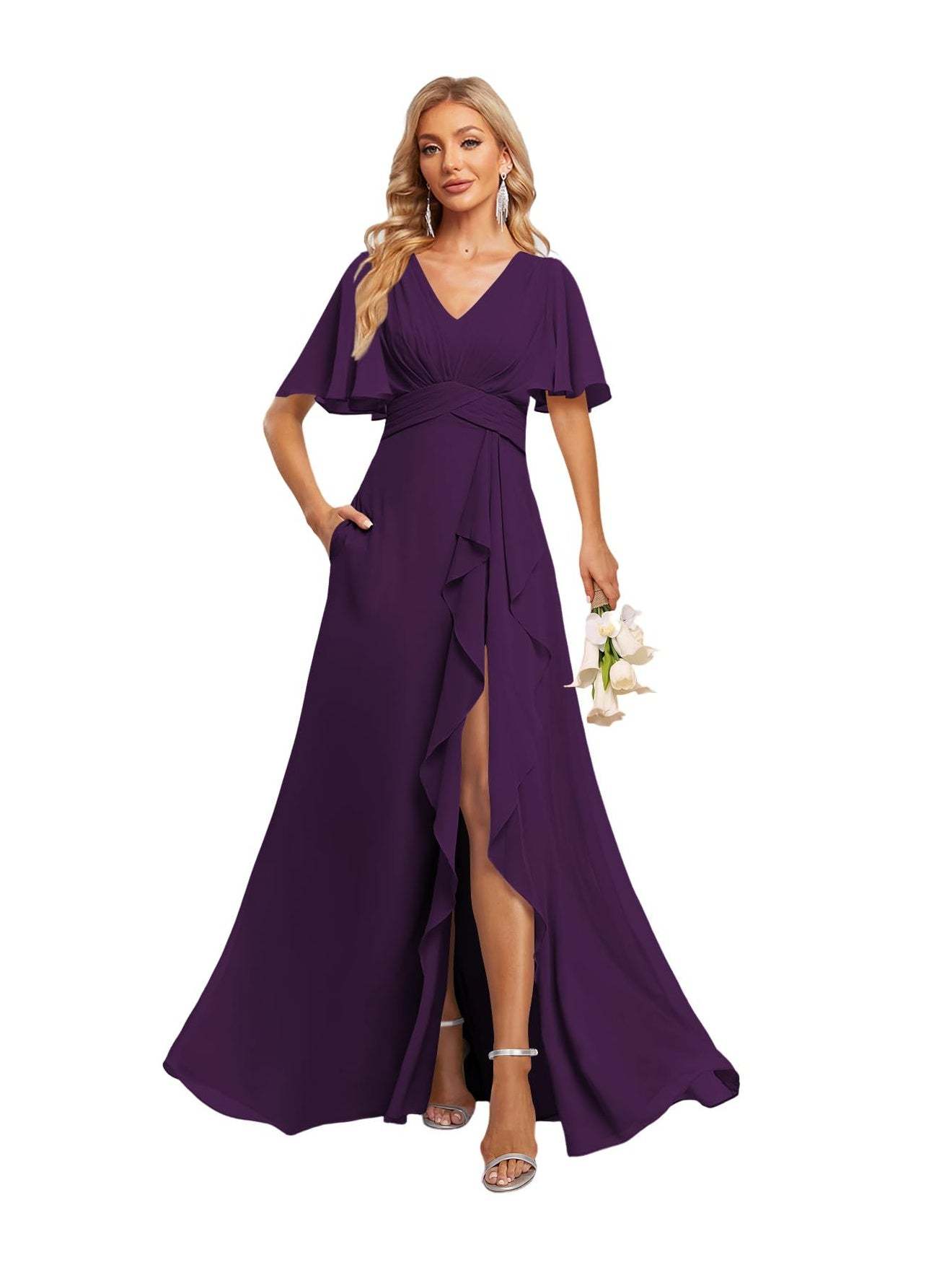 V-Neck A-Line Princess Floor-Length Chiffon Bridesmaid Dresses With Short Sleeves