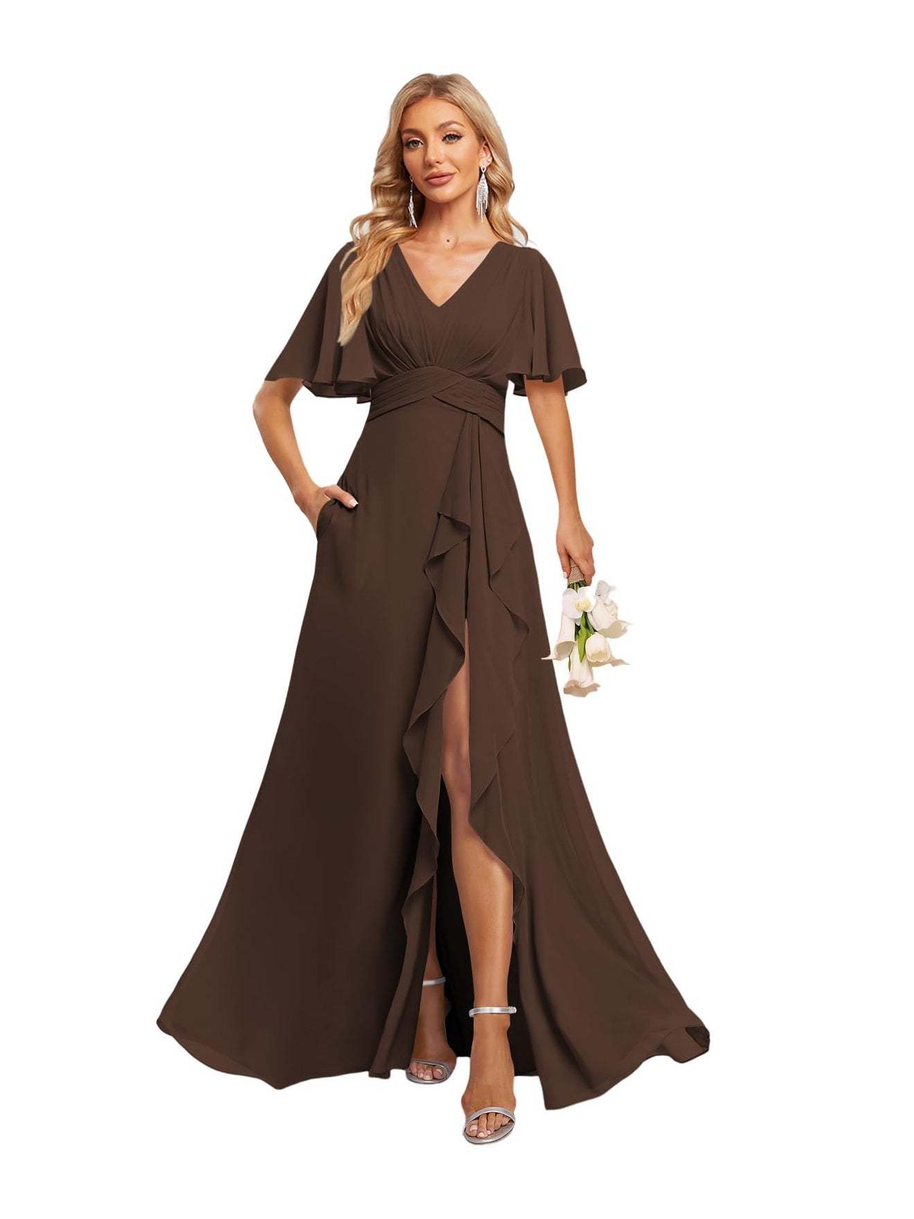 V-Neck A-Line Princess Floor-Length Chiffon Bridesmaid Dresses With Short Sleeves