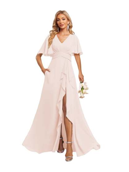 V-Neck A-Line Princess Floor-Length Chiffon Bridesmaid Dresses With Short Sleeves