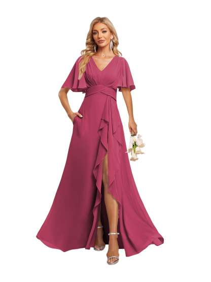 V-Neck A-Line Princess Floor-Length Chiffon Bridesmaid Dresses With Short Sleeves