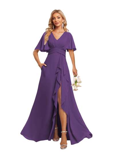 V-Neck A-Line Princess Floor-Length Chiffon Bridesmaid Dresses With Short Sleeves