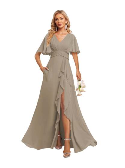 V-Neck A-Line Princess Floor-Length Chiffon Bridesmaid Dresses With Short Sleeves