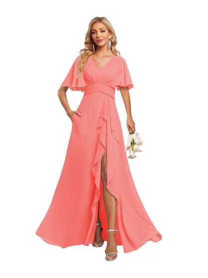 V-Neck A-Line Princess Floor-Length Chiffon Bridesmaid Dresses With Short Sleeves