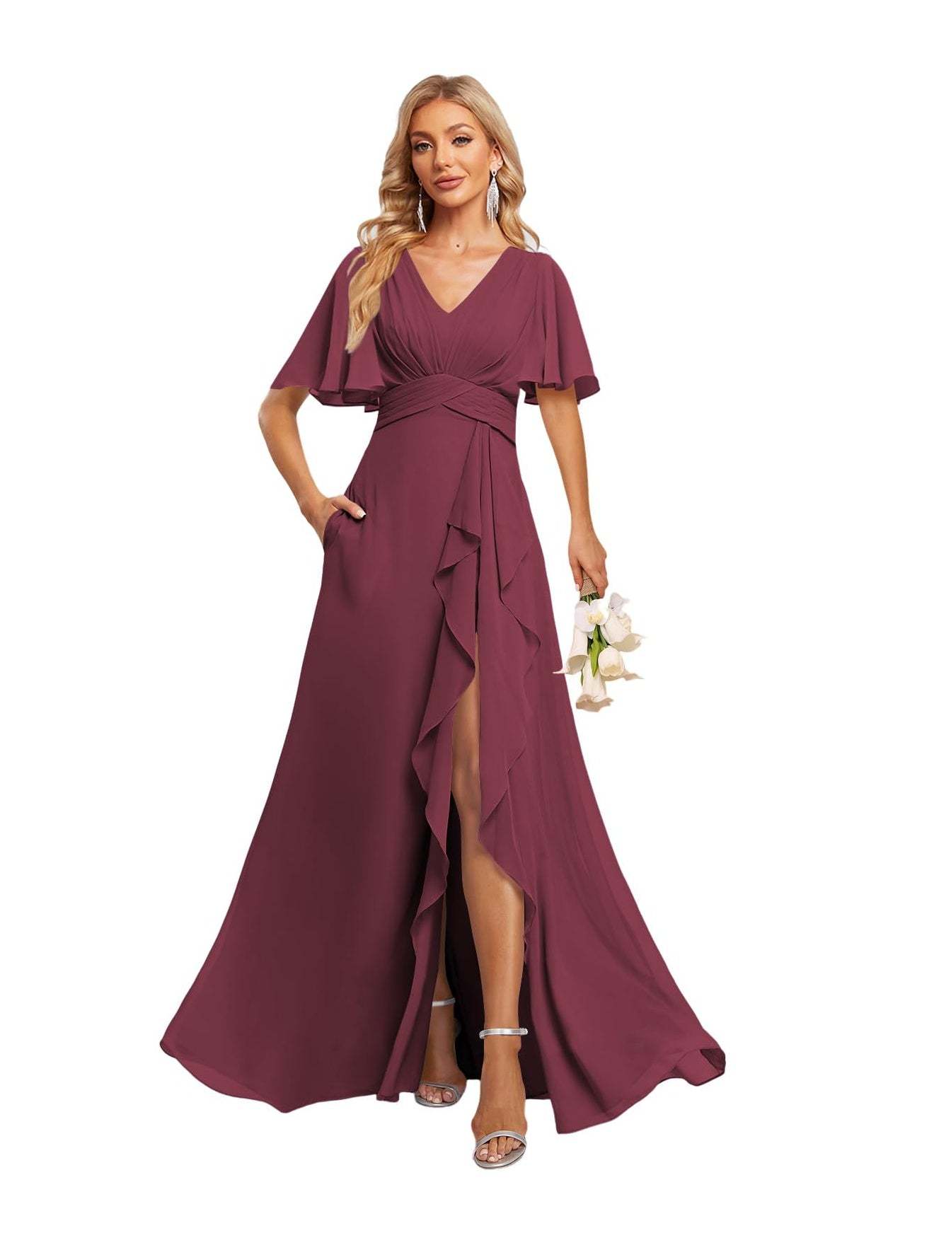 V-Neck A-Line Princess Floor-Length Chiffon Bridesmaid Dresses With Short Sleeves
