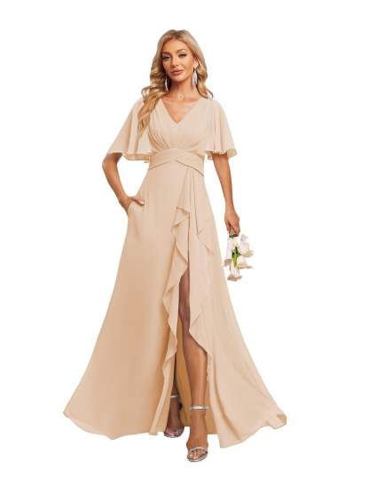 V-Neck A-Line Princess Floor-Length Chiffon Bridesmaid Dresses With Short Sleeves