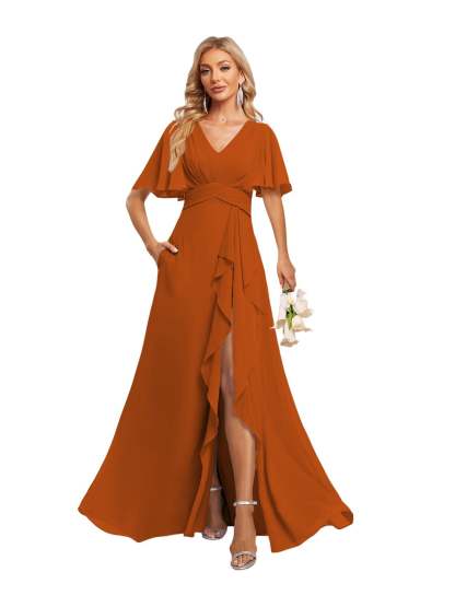 V-Neck A-Line Princess Floor-Length Chiffon Bridesmaid Dresses With Short Sleeves