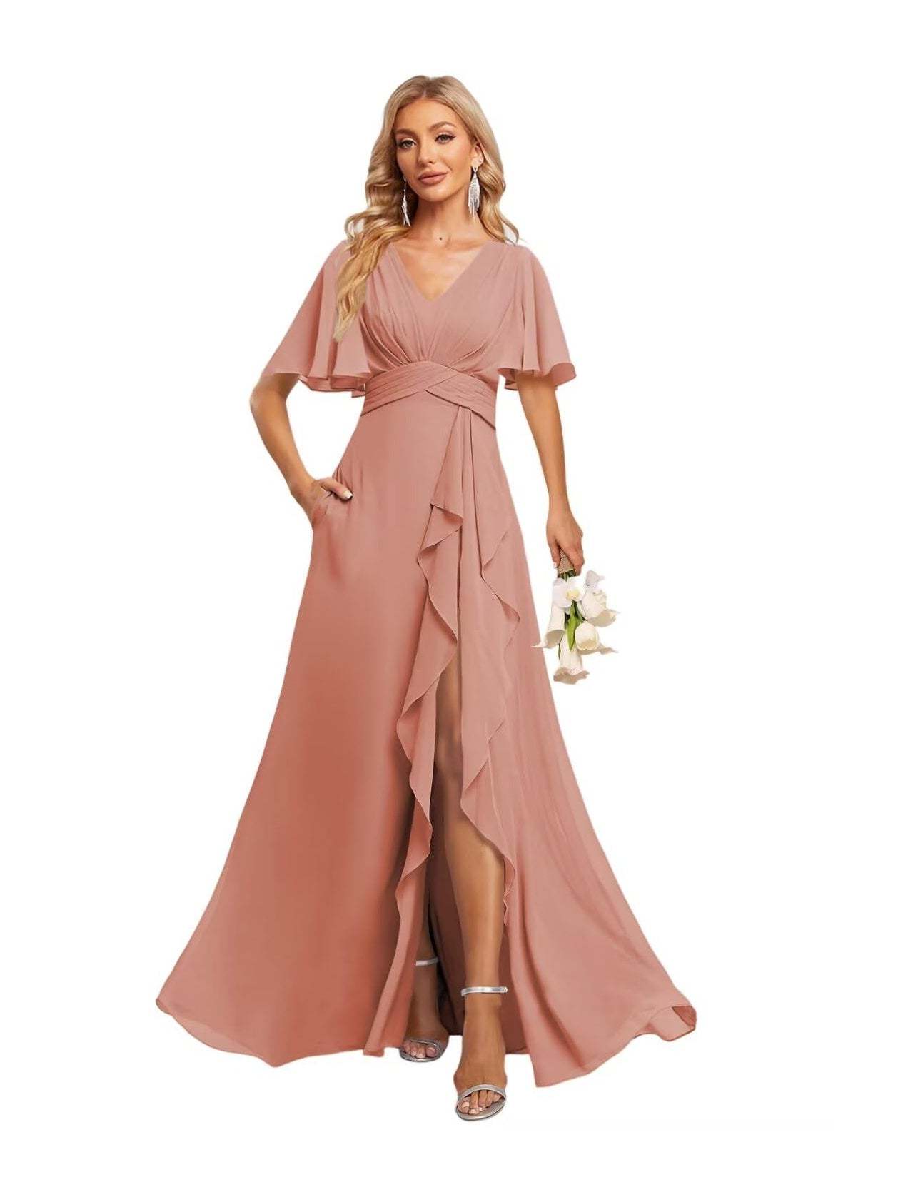 V-Neck A-Line Princess Floor-Length Chiffon Bridesmaid Dresses With Short Sleeves
