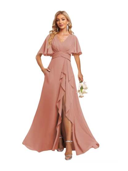 V-Neck A-Line Princess Floor-Length Chiffon Bridesmaid Dresses With Short Sleeves