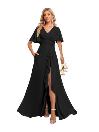 V-Neck A-Line Princess Floor-Length Chiffon Bridesmaid Dresses With Short Sleeves