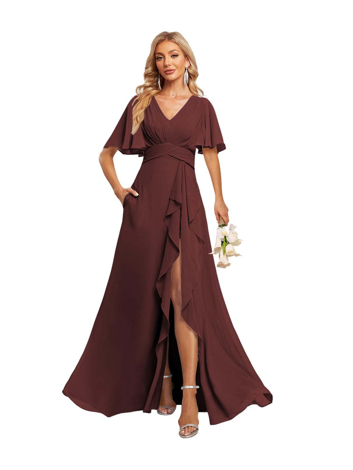 V-Neck A-Line Princess Floor-Length Chiffon Bridesmaid Dresses With Short Sleeves