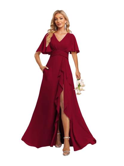 V-Neck A-Line Princess Floor-Length Chiffon Bridesmaid Dresses With Short Sleeves