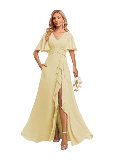 V-Neck A-Line Princess Floor-Length Chiffon Bridesmaid Dresses With Short Sleeves