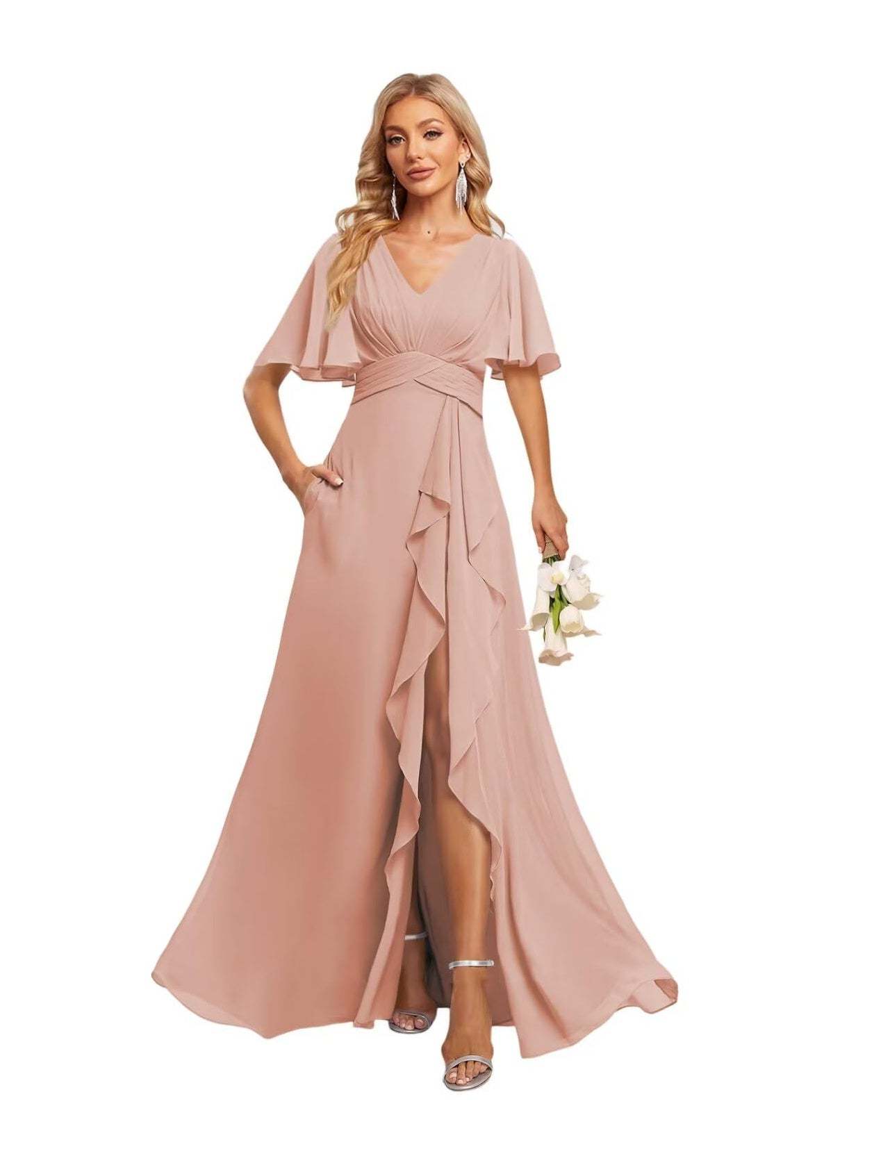 V-Neck A-Line Princess Floor-Length Chiffon Bridesmaid Dresses With Short Sleeves