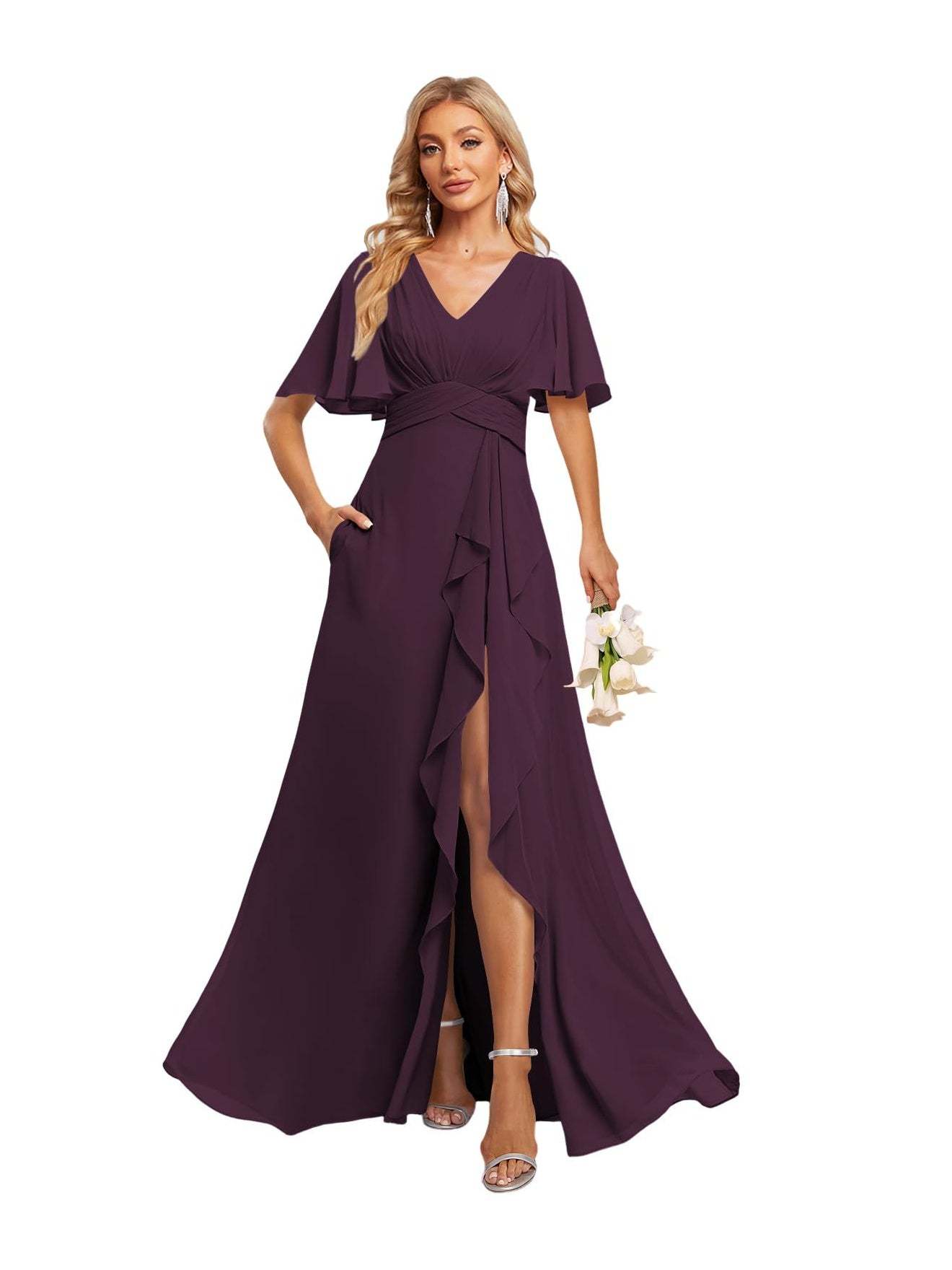 V-Neck A-Line Princess Floor-Length Chiffon Bridesmaid Dresses With Short Sleeves