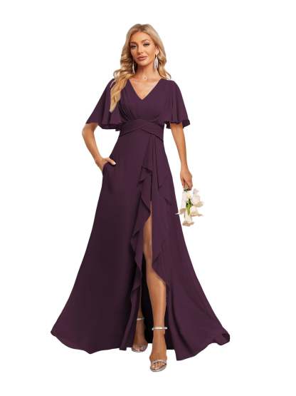 V-Neck A-Line Princess Floor-Length Chiffon Bridesmaid Dresses With Short Sleeves