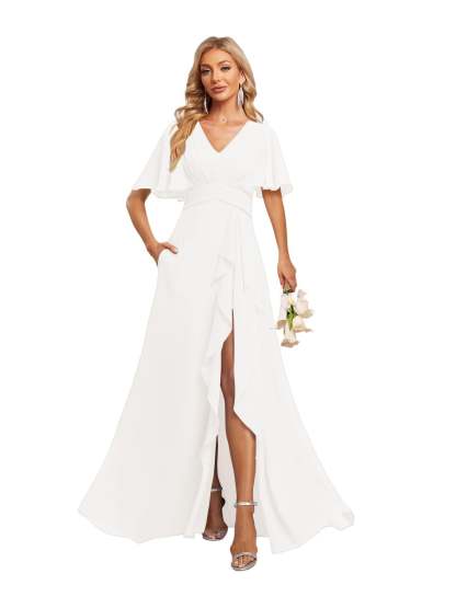 V-Neck A-Line Princess Floor-Length Chiffon Bridesmaid Dresses With Short Sleeves