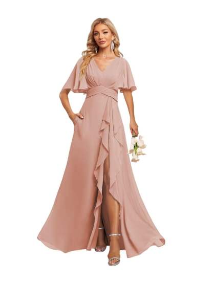 V-Neck A-Line Princess Floor-Length Chiffon Bridesmaid Dresses With Short Sleeves