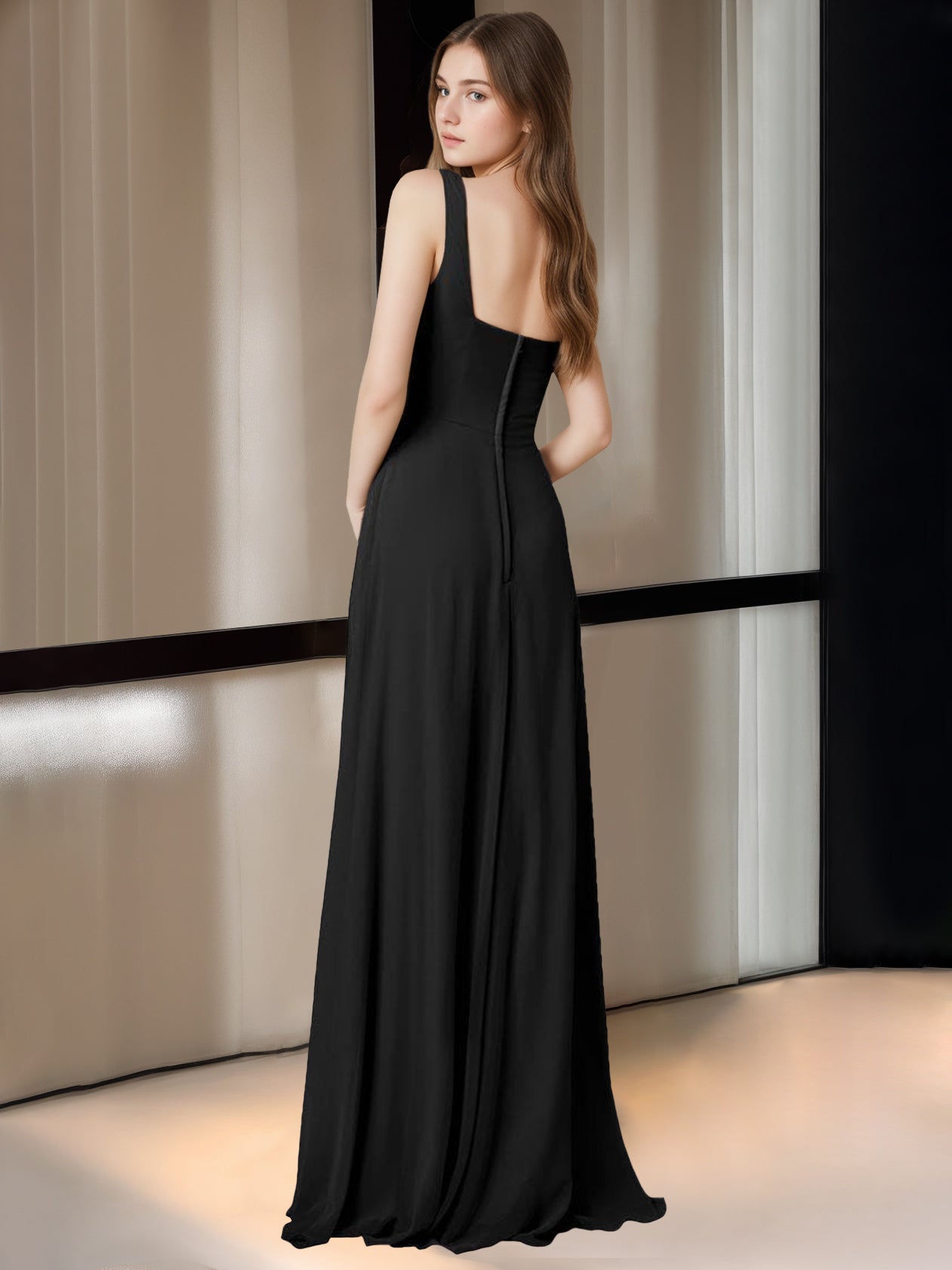 Square Neck Sleeveless Floor-Length A-Line Bridesmaid Dress with Side Split