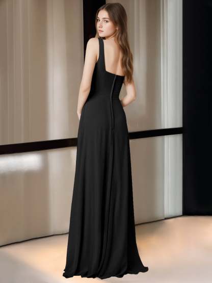 Square Neck Sleeveless Floor-Length A-Line Bridesmaid Dress with Side Split