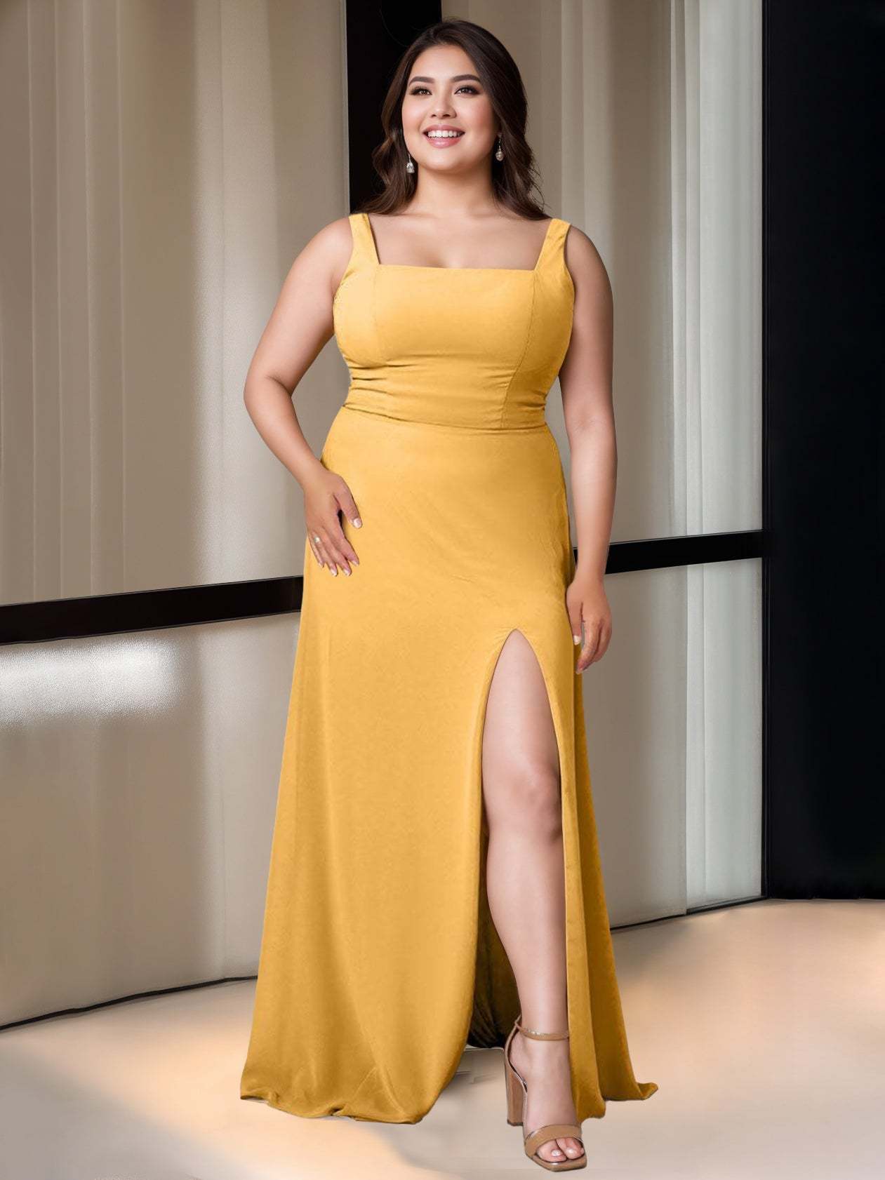 Square Neck Sleeveless Floor-Length A-Line Bridesmaid Dress with Side Split