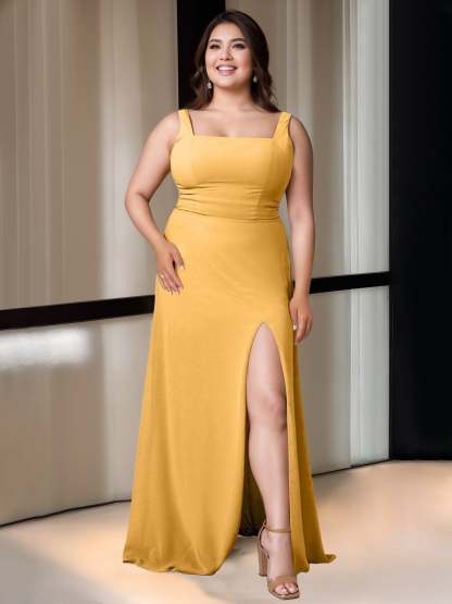 Square Neck Sleeveless Floor-Length A-Line Bridesmaid Dress with Side Split