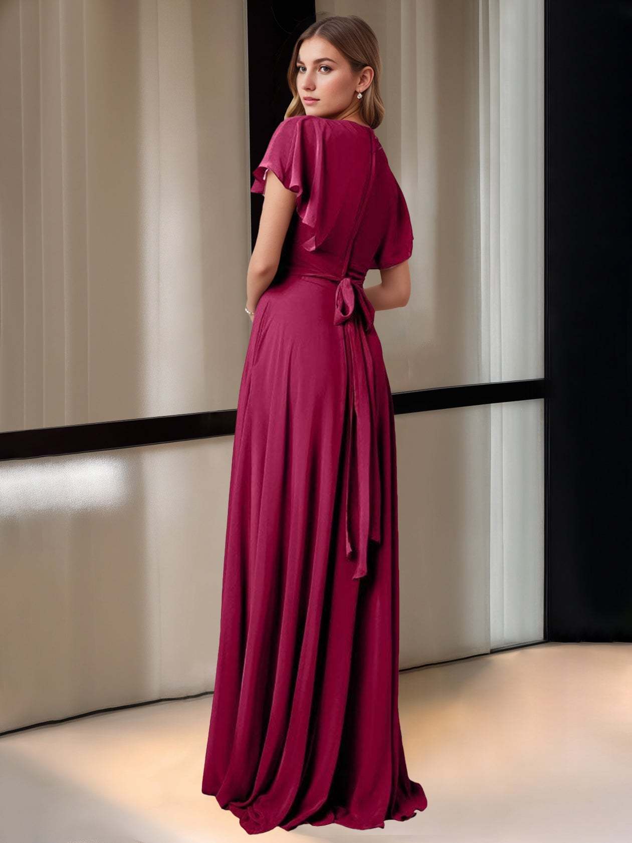 Floor-Length Princess V-Neck Bridesmaid Dress with Pockets and Short Sleeves
