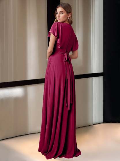 Floor-Length Princess V-Neck Bridesmaid Dress with Pockets and Short Sleeves