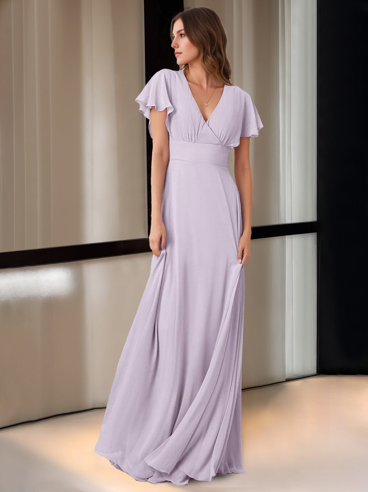 Floor-Length Princess V-Neck Bridesmaid Dress with Pockets and Short Sleeves