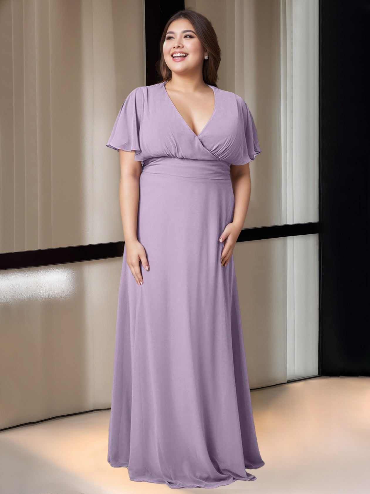 Floor-Length Princess V-Neck Bridesmaid Dress with Pockets and Short Sleeves