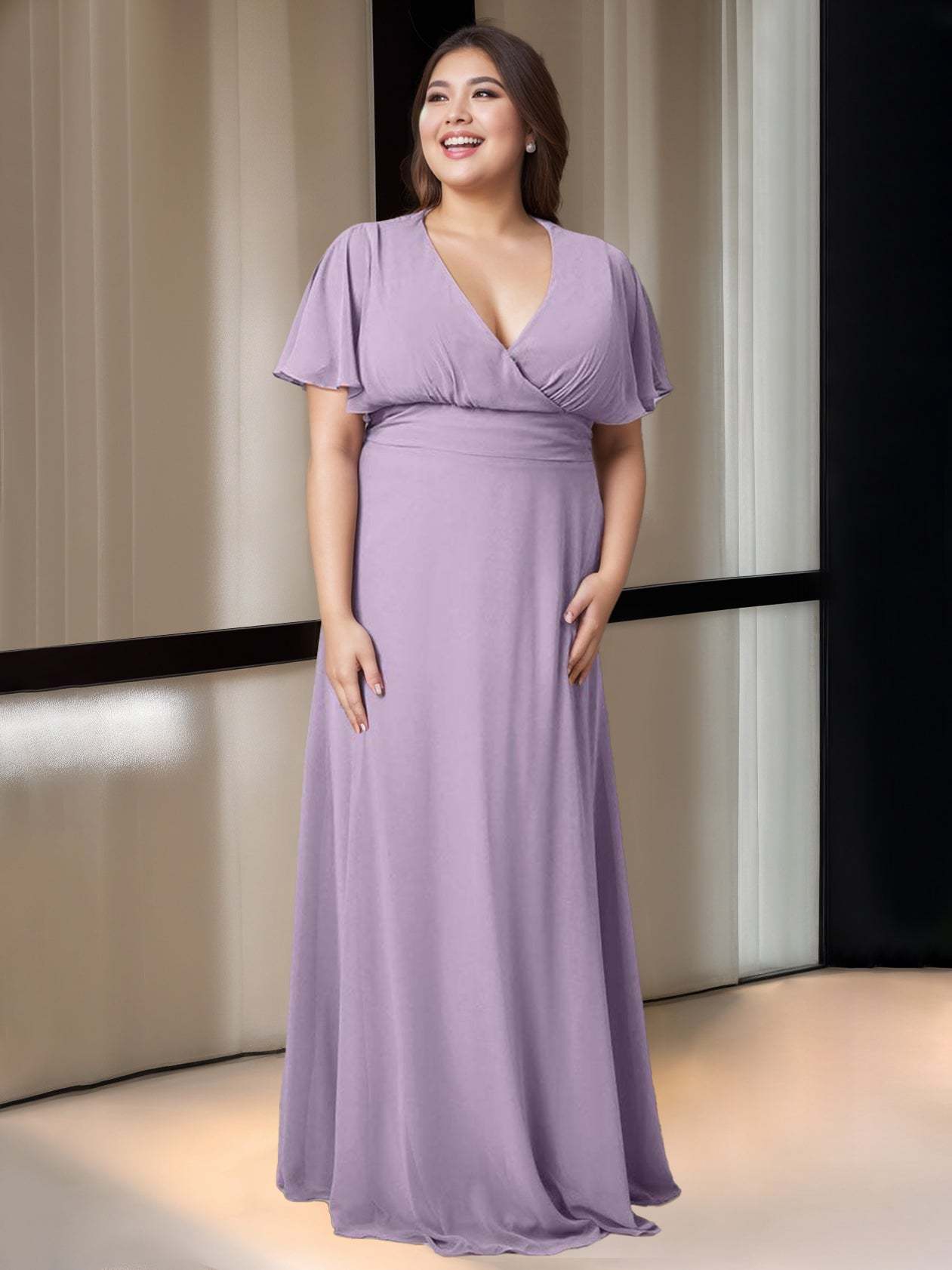 Floor-Length Princess V-Neck Bridesmaid Dress with Pockets and Short Sleeves