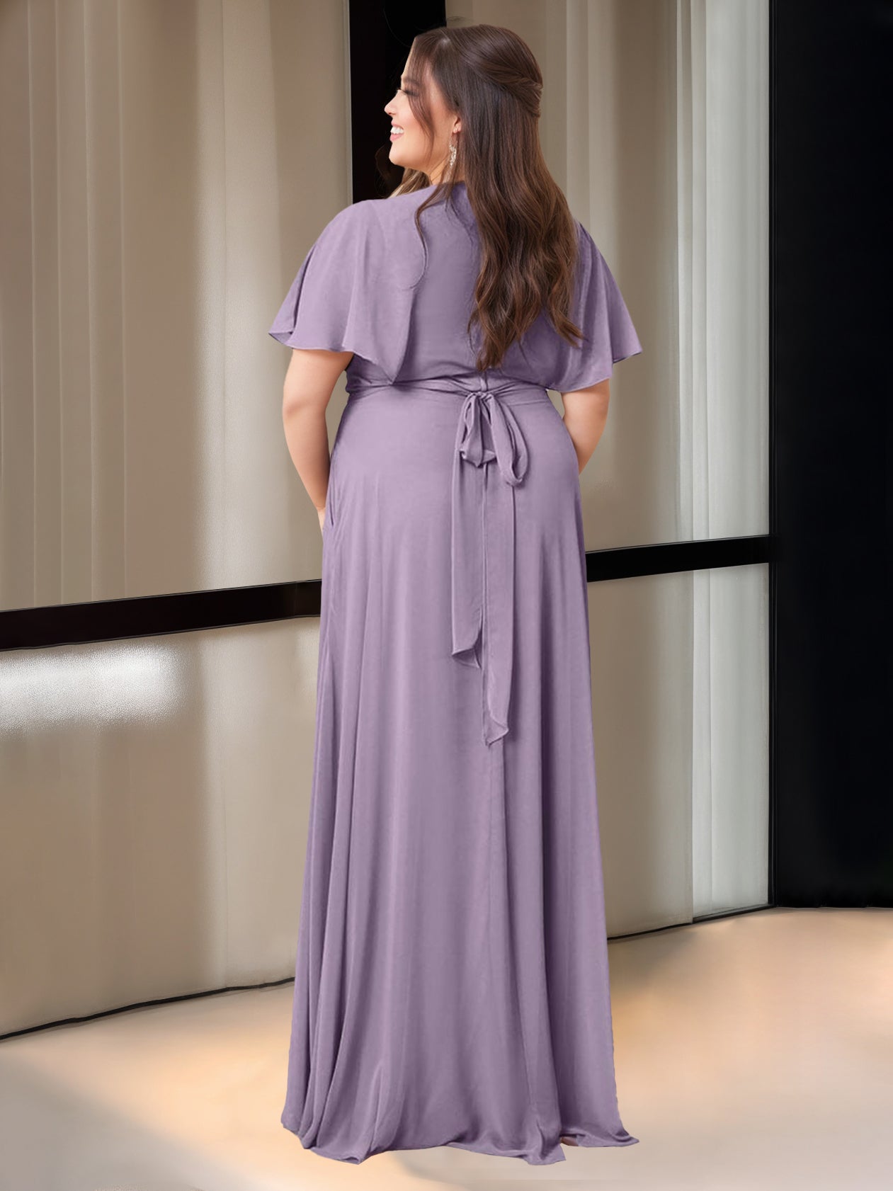 Floor-Length Princess V-Neck Bridesmaid Dress with Pockets and Short Sleeves