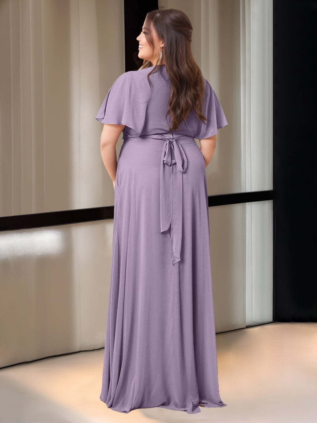 Floor-Length Princess V-Neck Bridesmaid Dress with Pockets and Short Sleeves