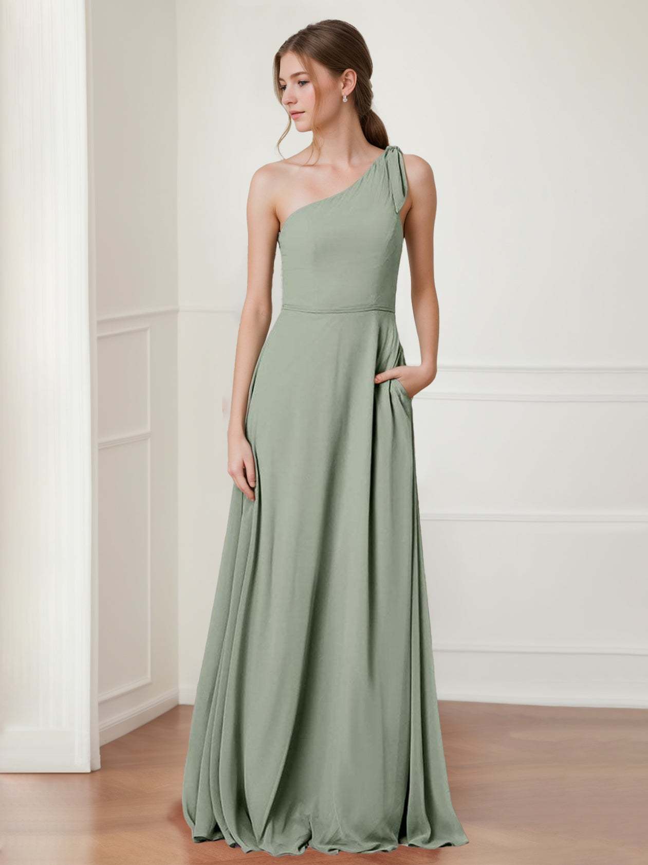 One-Shoulder Princess A-Line Floor-Length Bridesmaid Dress with Bowknot