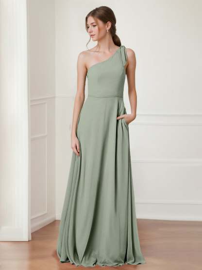 One-Shoulder Princess A-Line Floor-Length Bridesmaid Dress with Bowknot