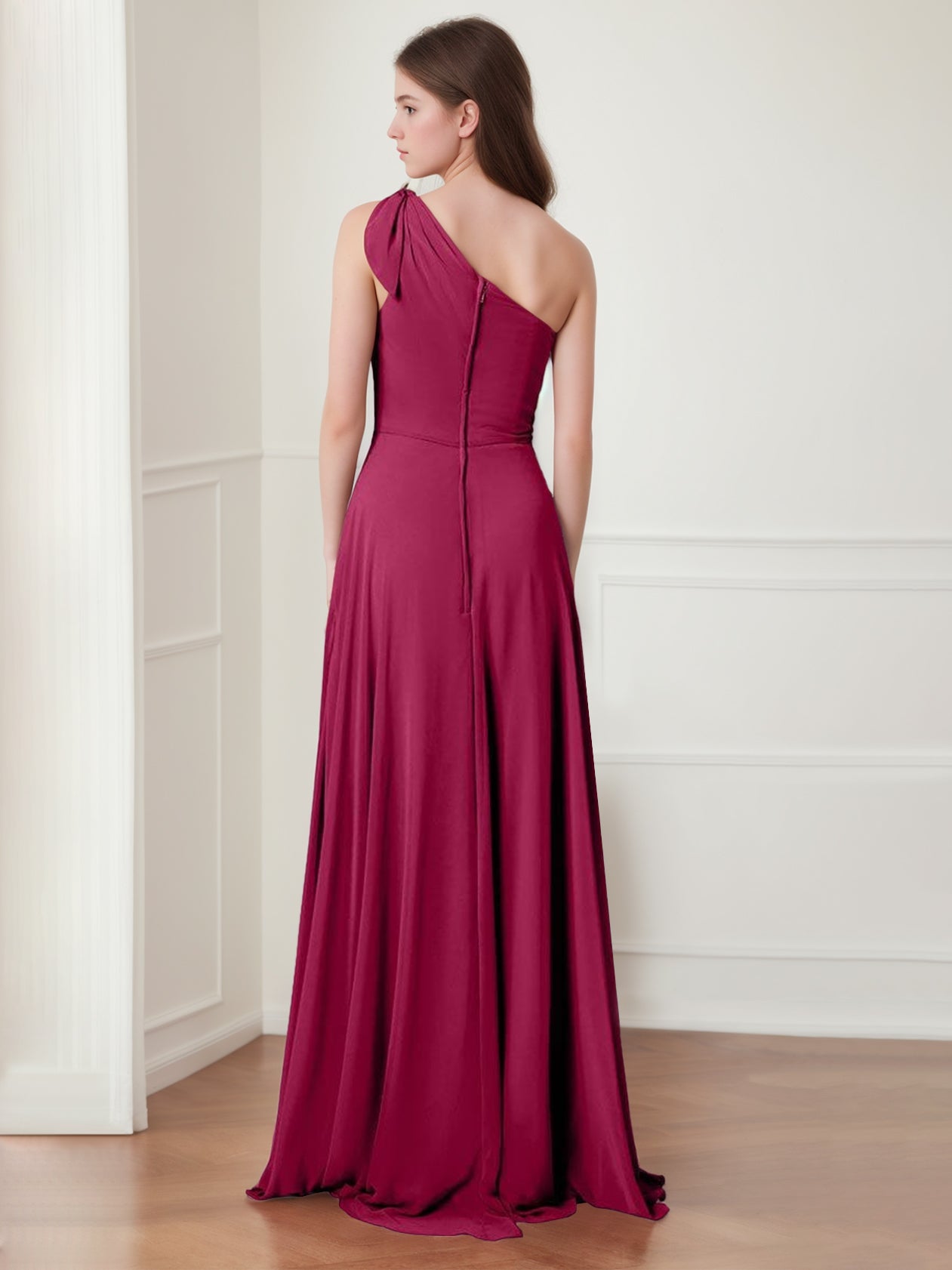 One-Shoulder Princess A-Line Floor-Length Bridesmaid Dress with Bowknot