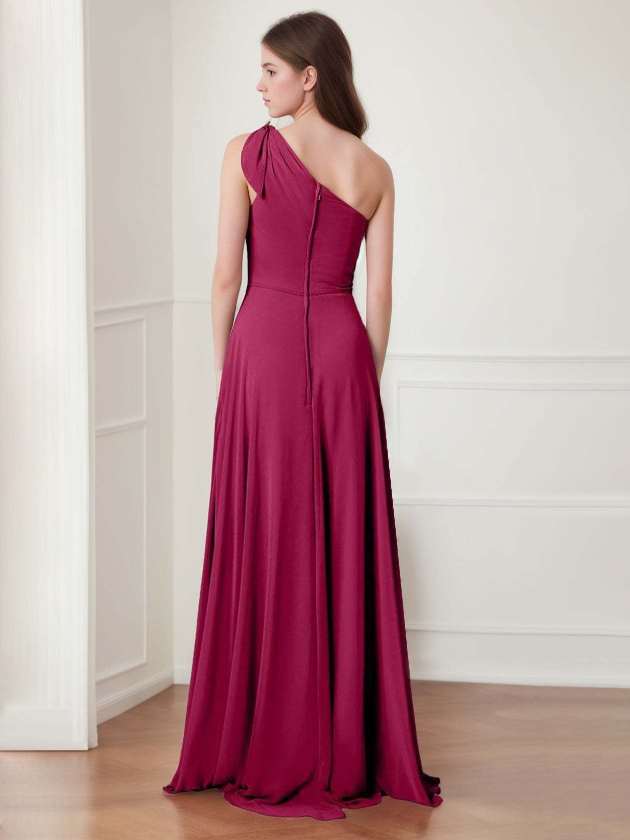 One-Shoulder Princess A-Line Floor-Length Bridesmaid Dress with Bowknot