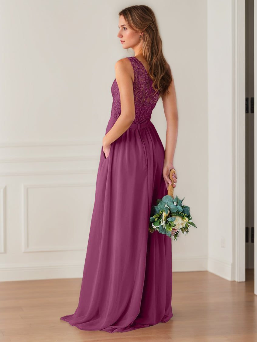 One-Shoulder Princess A-Line Floor-Length Bridesmaid Dress with Lace, Beading, and Embroidery