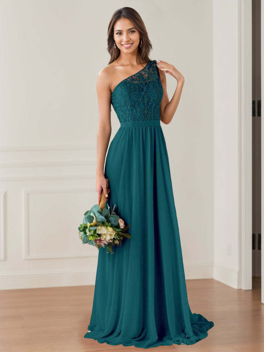 One-Shoulder Princess A-Line Floor-Length Bridesmaid Dress with Lace, Beading, and Embroidery