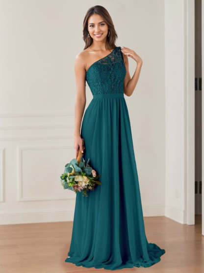 One-Shoulder Princess A-Line Floor-Length Bridesmaid Dress with Lace, Beading, and Embroidery