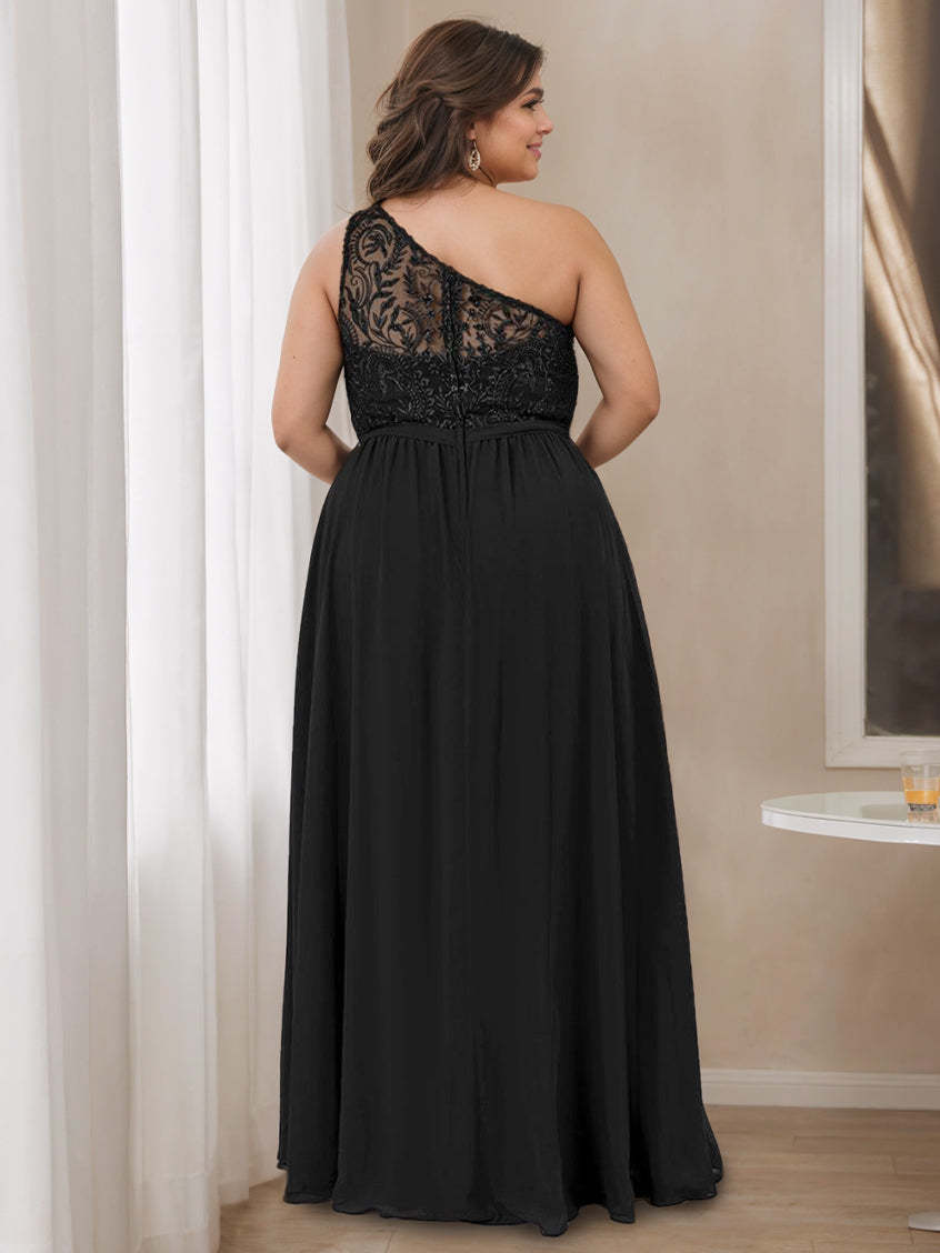 One-Shoulder Princess A-Line Floor-Length Bridesmaid Dress with Lace, Beading, and Embroidery