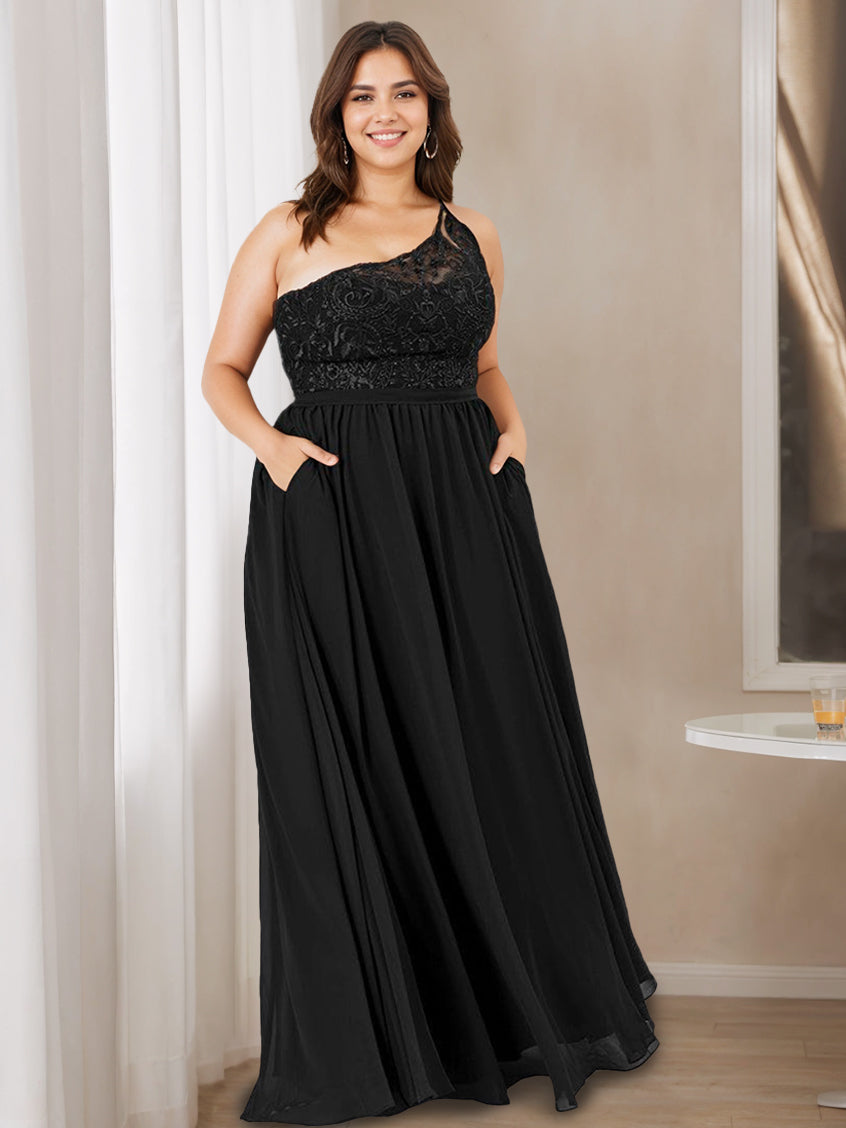 One-Shoulder Princess A-Line Floor-Length Bridesmaid Dress with Lace, Beading, and Embroidery