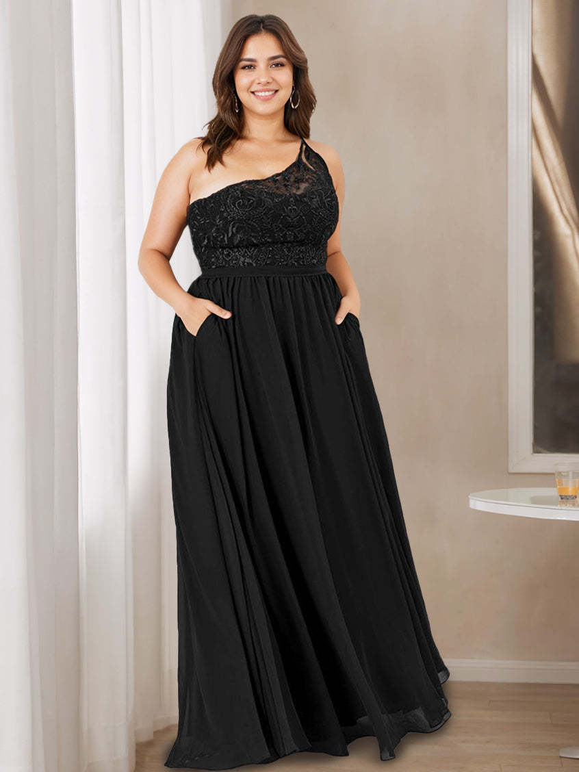 One-Shoulder Princess A-Line Floor-Length Bridesmaid Dress with Lace, Beading, and Embroidery