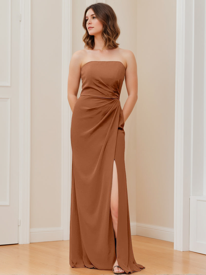 Strapless Princess A-Line Floor-Length Bridesmaid Dress with Side Split and Ruffles