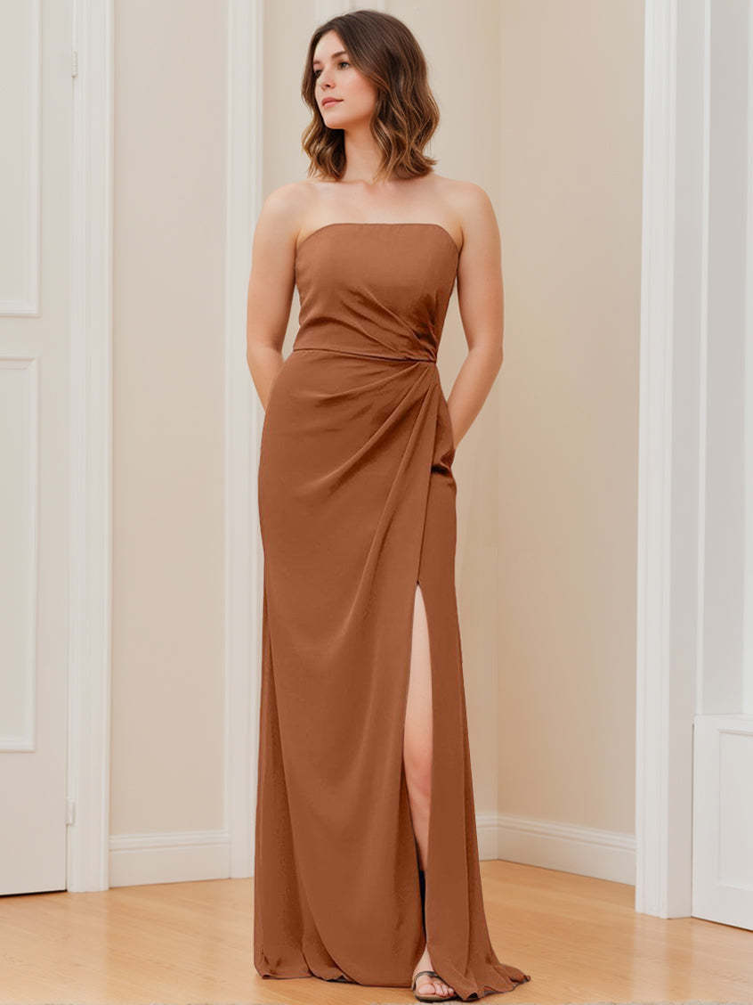 Strapless Princess A-Line Floor-Length Bridesmaid Dress with Side Split and Ruffles