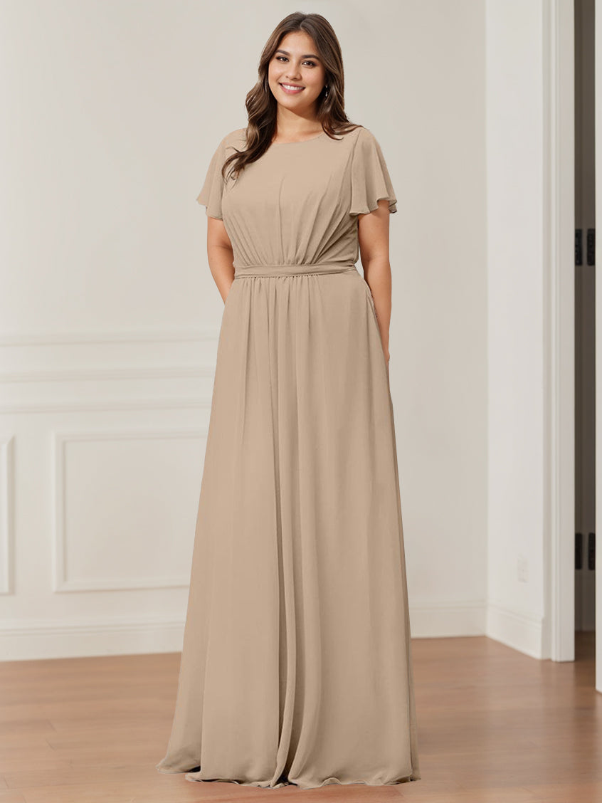 Princess A-Line Floor-Length Bridesmaid Dress with Scoop Neck, Short Sleeves, Pocket, and Ruffles
