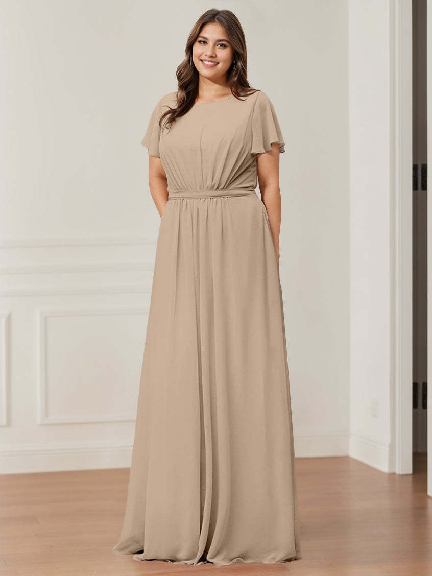 Princess A-Line Floor-Length Bridesmaid Dress with Scoop Neck, Short Sleeves, Pocket, and Ruffles