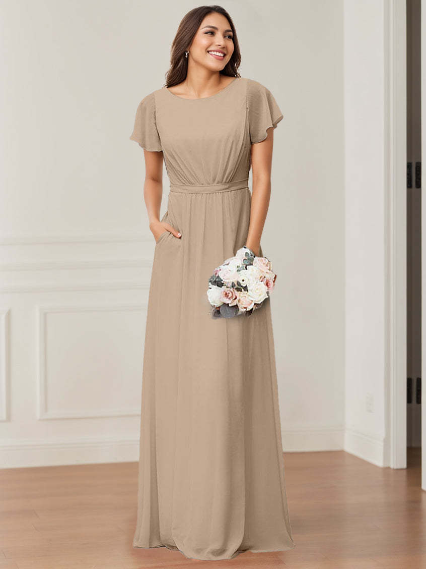 Princess A-Line Floor-Length Bridesmaid Dress with Scoop Neck, Short Sleeves, Pocket, and Ruffles