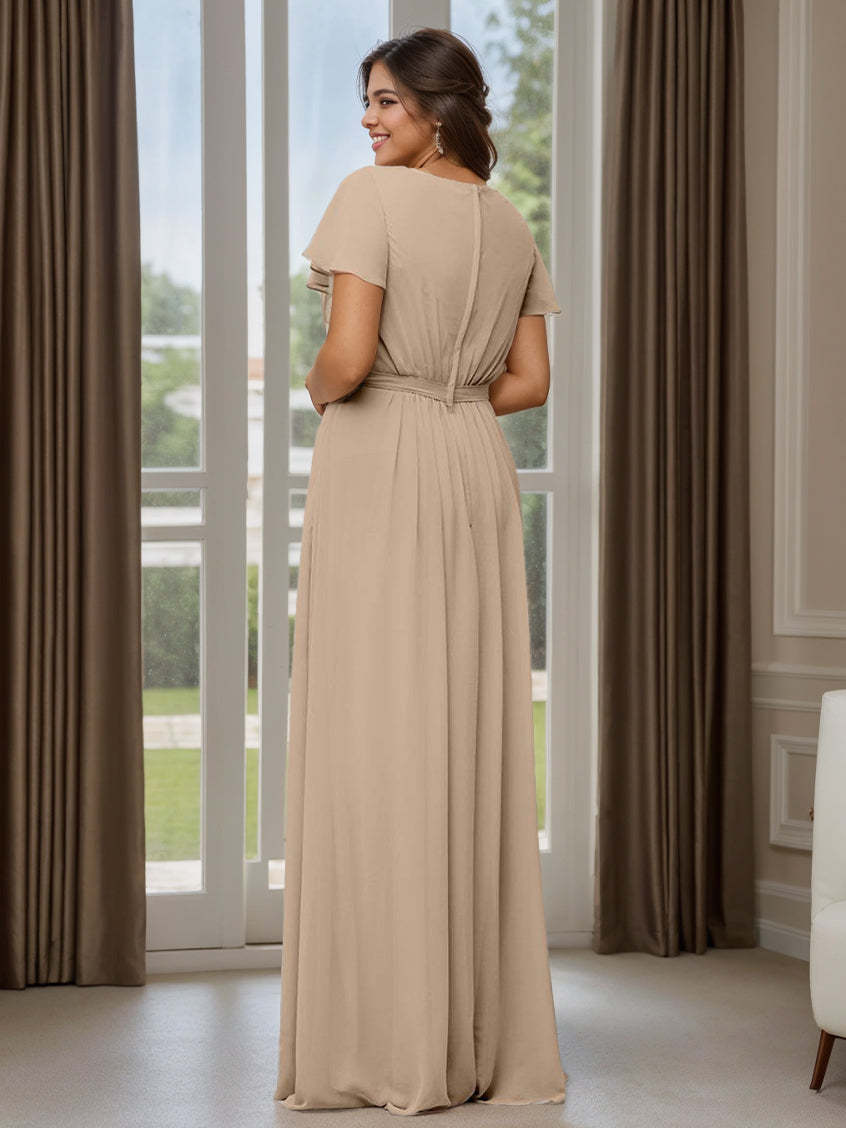 Princess A-Line Floor-Length Bridesmaid Dress with Scoop Neck, Short Sleeves, Pocket, and Ruffles